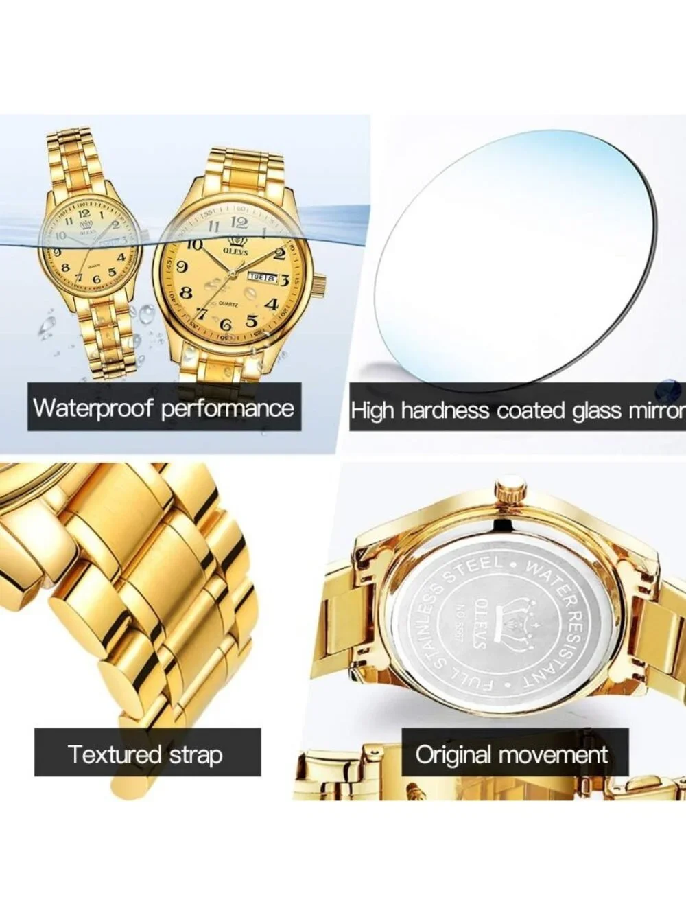 Olevs Men's Gold Digital Stainless Analog Quartz Waterproof Luminous Wrist Watch
